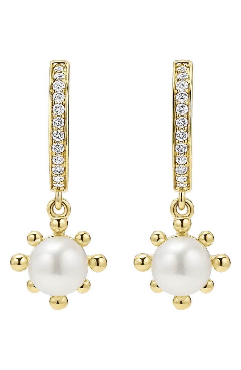 LAGOS 18K Luna Fleur Pearl & Diamond Drop Hoop Earrings, Main, color, Gold