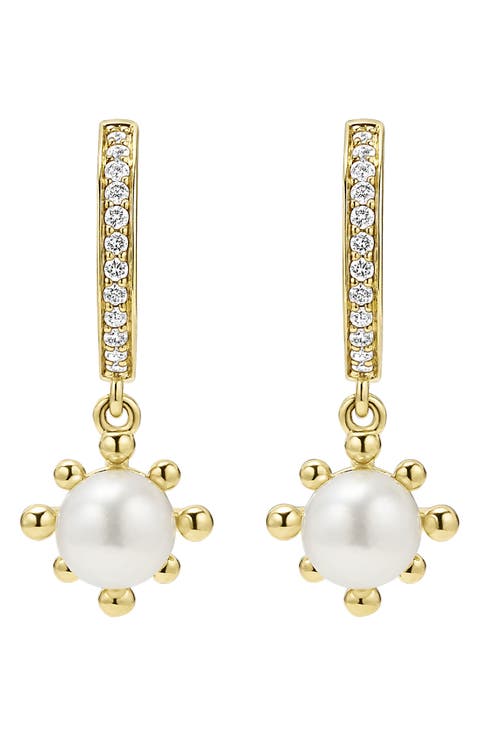 18K Luna Fleur Pearl & Diamond Drop Hoop Earrings