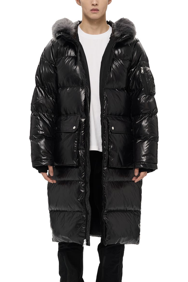 Audet Mens Long Hooded Down Parka, Main, color, Black