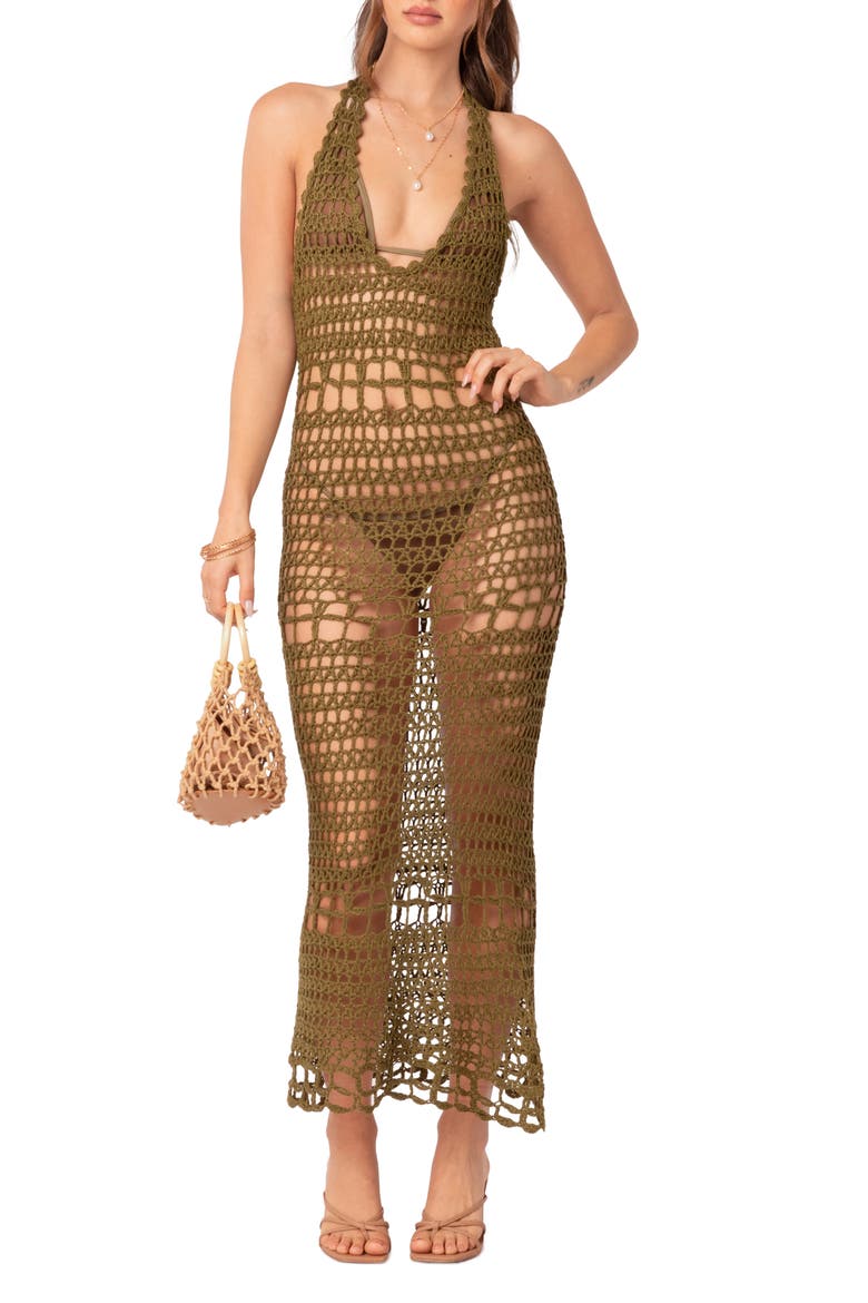Tahoe Open Back Crochet Cover-Up Maxi Dress, Main, color, OLIVE