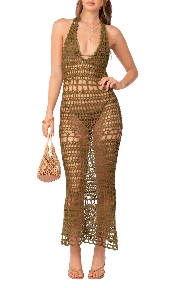 EDIKTED Tahoe Open Back Crochet Cover-Up Maxi Dress, Main, color,