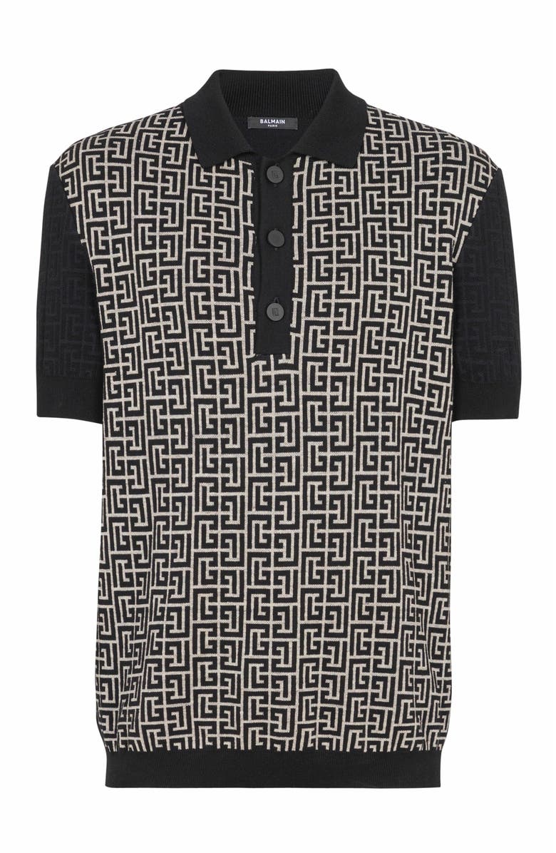 Balmain Monogram Knit Polo Shirt, Alternate, color, Black