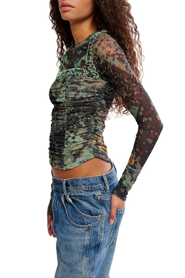 Ariana Printed Ruffle Shirred Mesh Shirt, Alternate, color, SAGE COMBO
