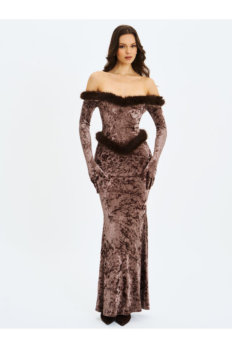 Tessa Sweetheart Bardot Faux Fur Velvet Mermaid Maxi Dress, Alternate, color, Coffee