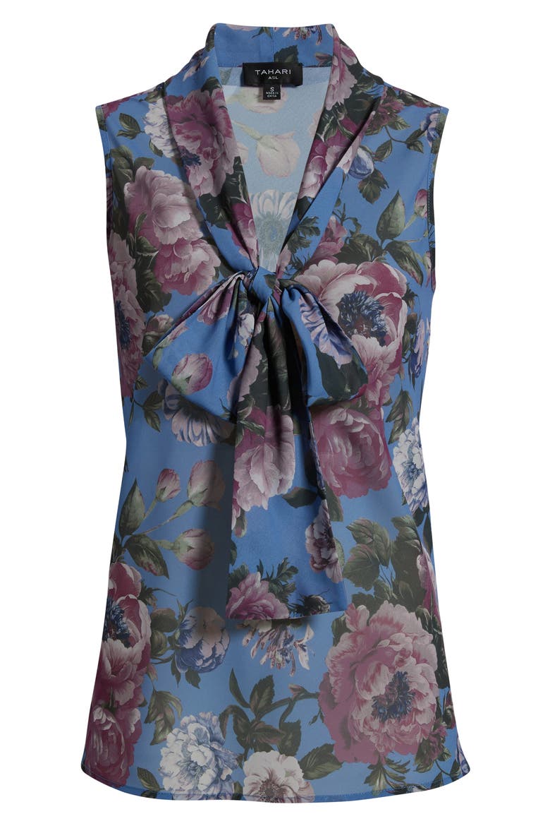 Printed Tie Neck Top, Main, color, BLUE OAT M