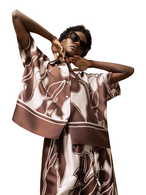 Ro&zo Swirl Collared Placement Blouse In Brown