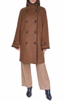 Faux Mink Trim Double Breasted Wool Blend Coat