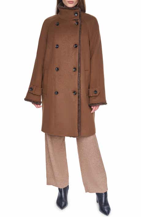 Faux Mink Trim Double Breasted Wool Blend Coat