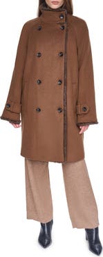 HALSTON Faux Mink Trim Double Breasted Wool Blend Coat