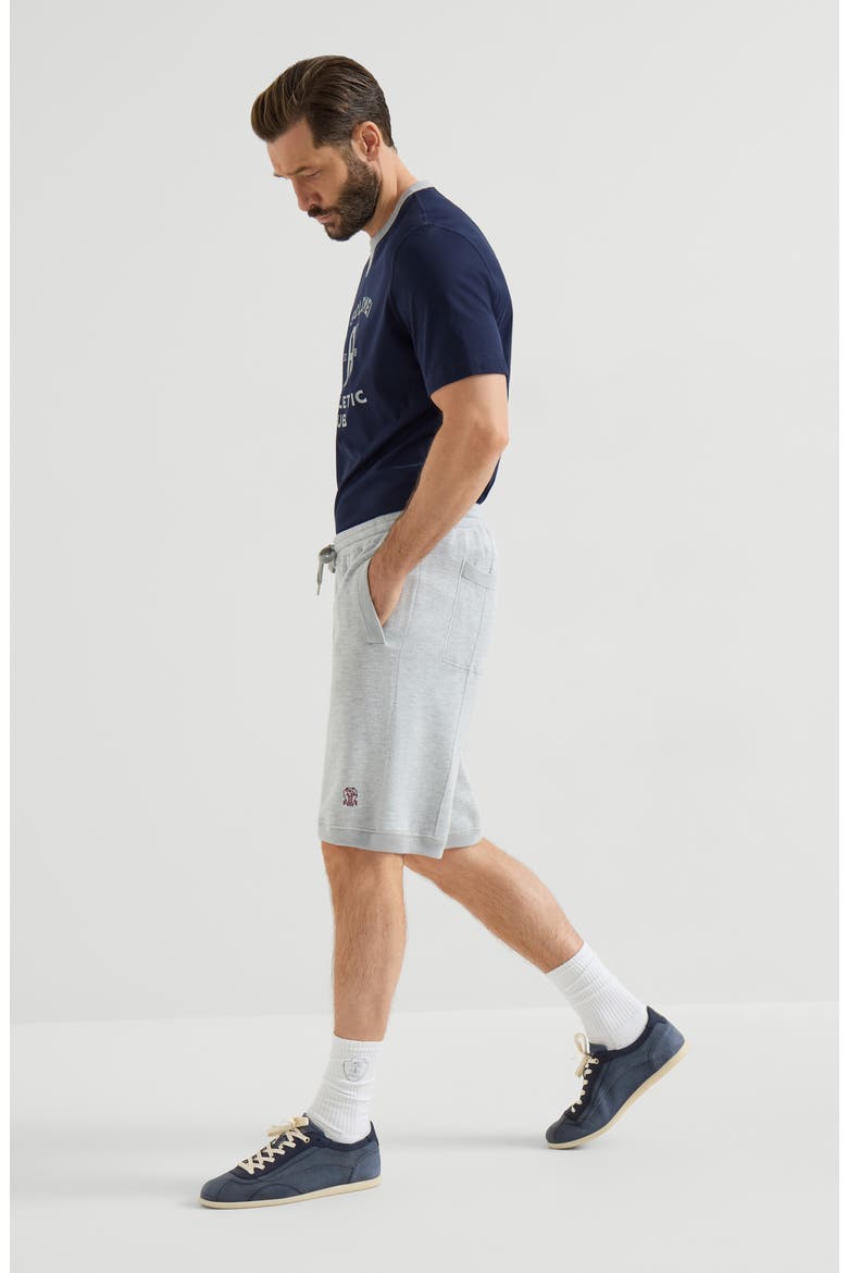 Cotton and silk French terry double knit Bermuda shorts with logo, Alternate, color, Pebble