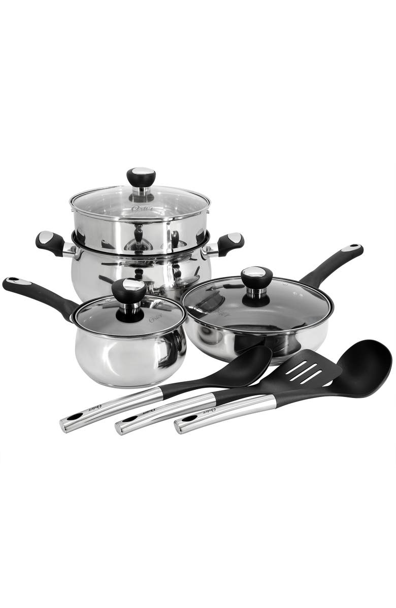 OSTER Baldwyn 10 Piece Stainless Steel Belly-Shaped Nonstick Cookware and Utensil Set, Main, color, Silver