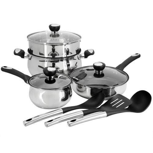 Oster Baldwyn 10 Piece Stainless Steel Belly-shaped Nonstick Cookware And Utensil Set In Silver