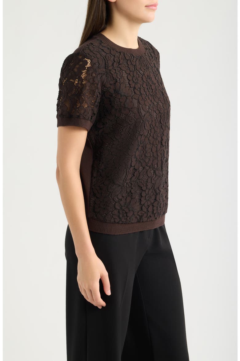 Lace Front Short Sleeve Sweater, Alternate, color, ESPRESSO