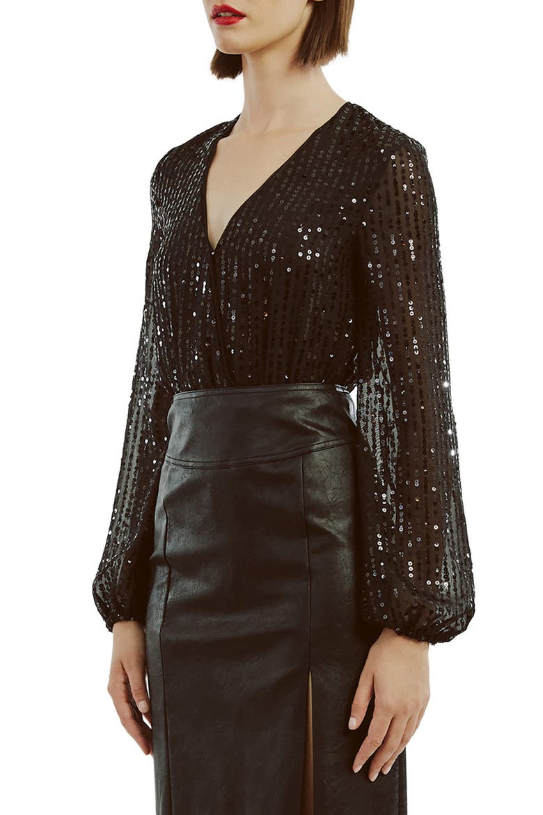 Sequin Wrap Front Bodysuit, Alternate, color, BLACK