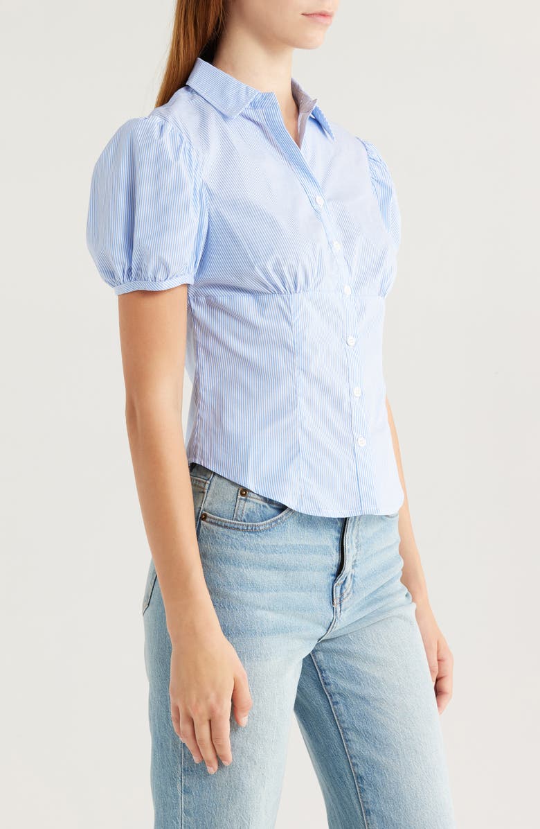 LIONESS Mon Cheri Puff Sleeve Cotton Button-Up Shirt, Alternate, color, Blue Stripe