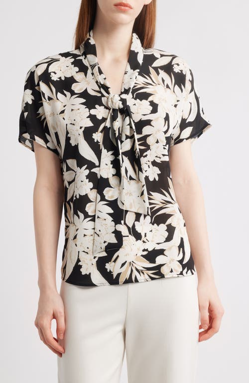 Anne Klein Pussybow Dolman Sleeve Top In Anne Black Multi