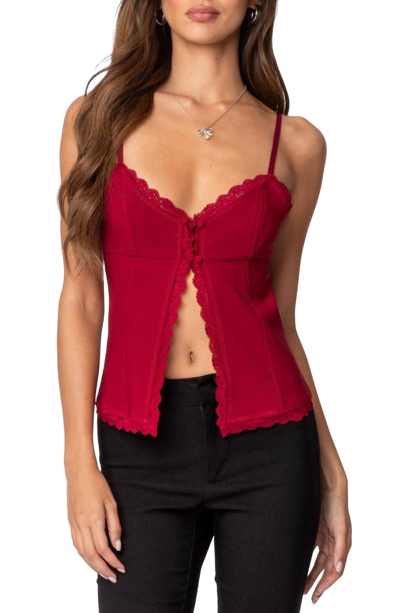 EDIKTED Crimson Lace Split Front Camisole, Main, color,