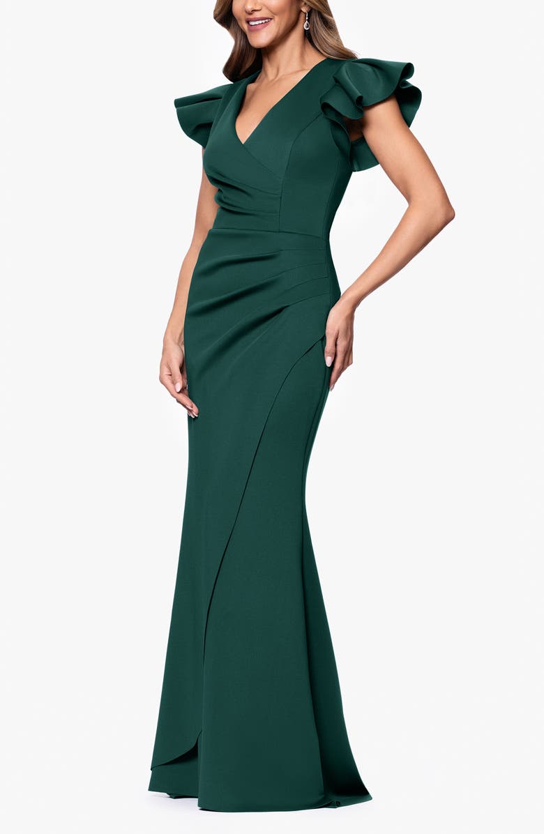 Xscape Evenings Ruffle Ruched Scuba Knit Gown, Alternate, color, 