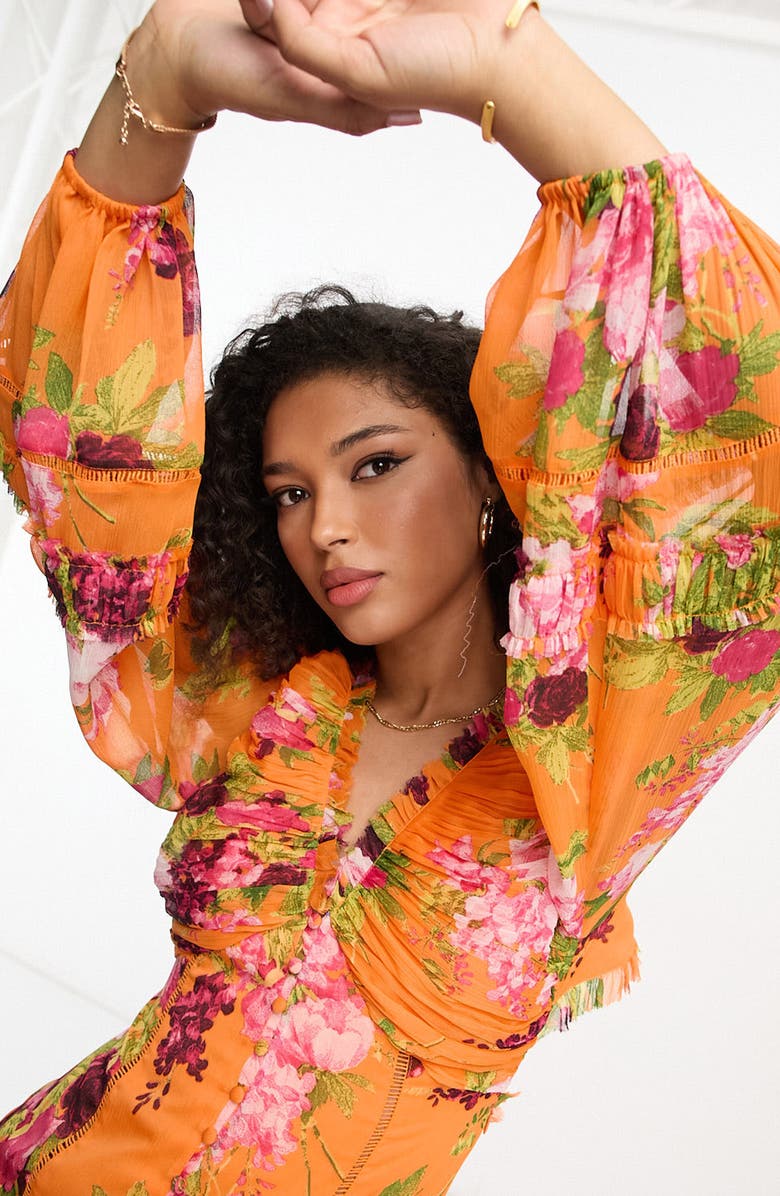 ASOS DESIGN Floral Print Ruched Long Sleeve Chiffon Maxi Dress, Alternate, color,