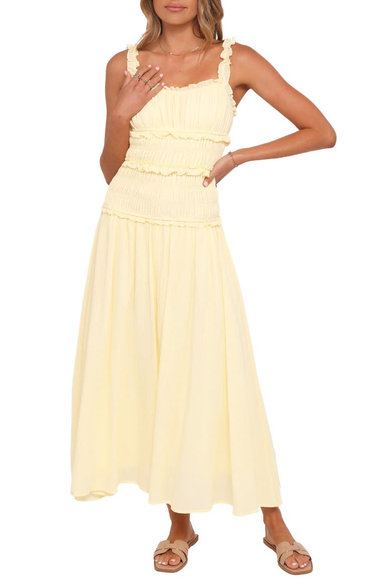 Enola Shirred Ruffle Trim Midi Dress, Main, color, YELLOW
