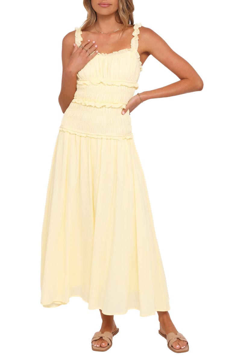 Petal & Pup Enola Shirred Ruffle Trim Midi Dress, Main, color, Yellow