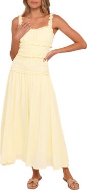 Petal & Pup Enola Shirred Ruffle Trim Midi Dress