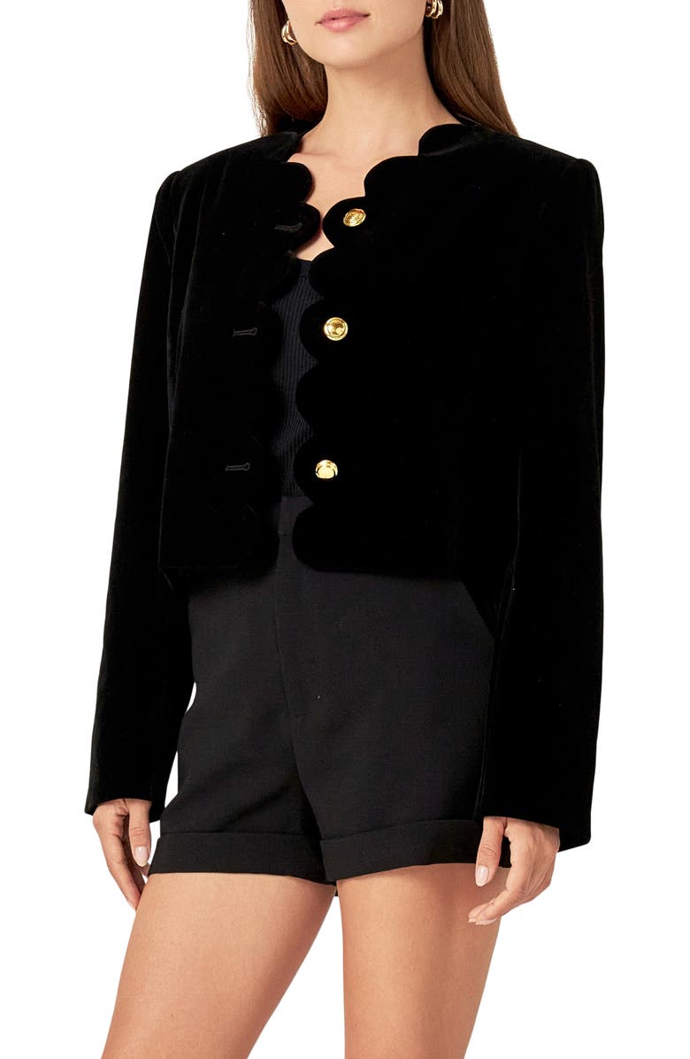 English Factory Velvet Scallop Jacket, Alternate, color, Black