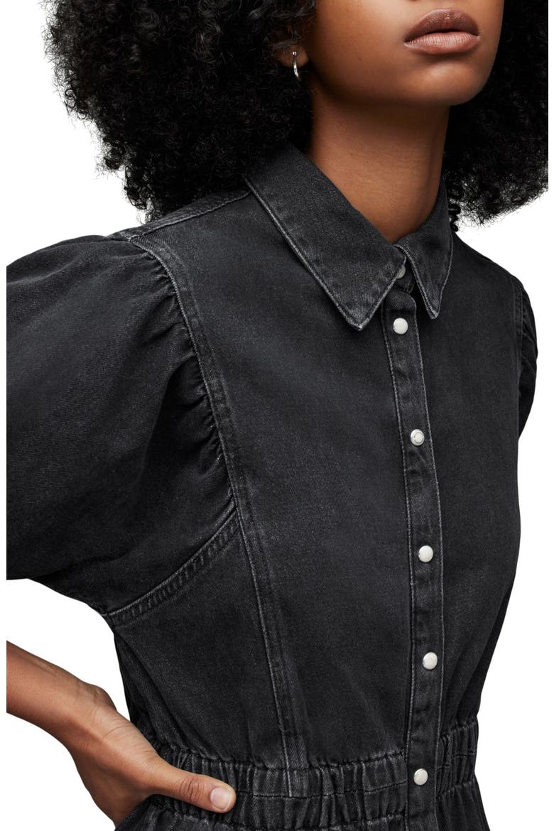 Osa Puff Sleeve Denim Midi Shirtdress, Alternate, color, WASHED BLACK