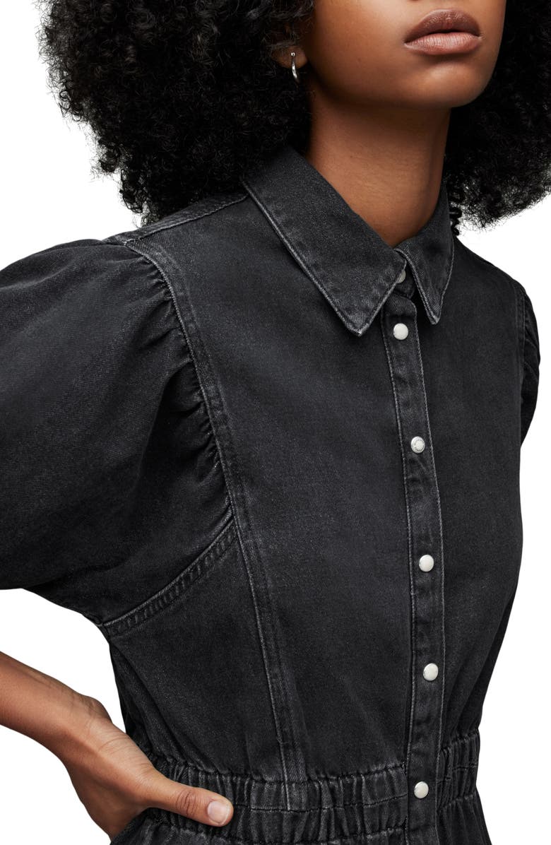 AllSaints Osa Puff Sleeve Denim Midi Shirtdress, Alternate, color,