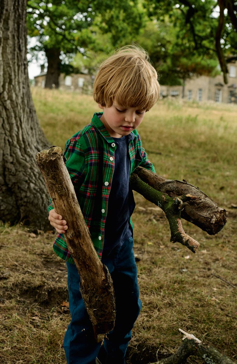 Boden Kids' Plaid Cotton Flannel Button-Up Shirt, Alternate, color, Green Check