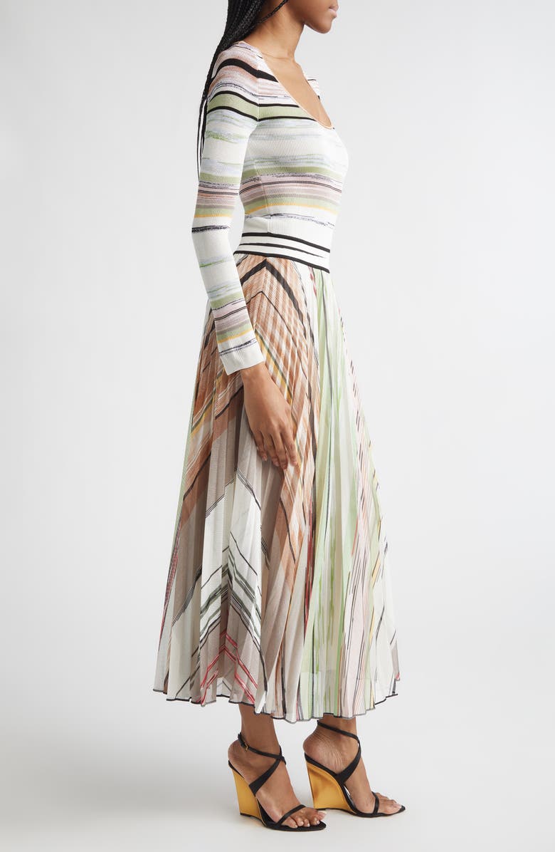 Missoni Flame Space Dye Stripe Pleated Long Sleeve Knit Dress, Alternate, color, Green Brown Tones
