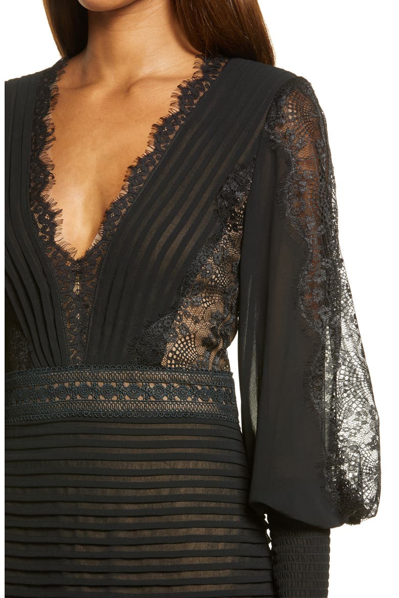 Lace Pintuck Long Sleeve Cocktail Dress, Alternate, color, BLACK/ NUDE