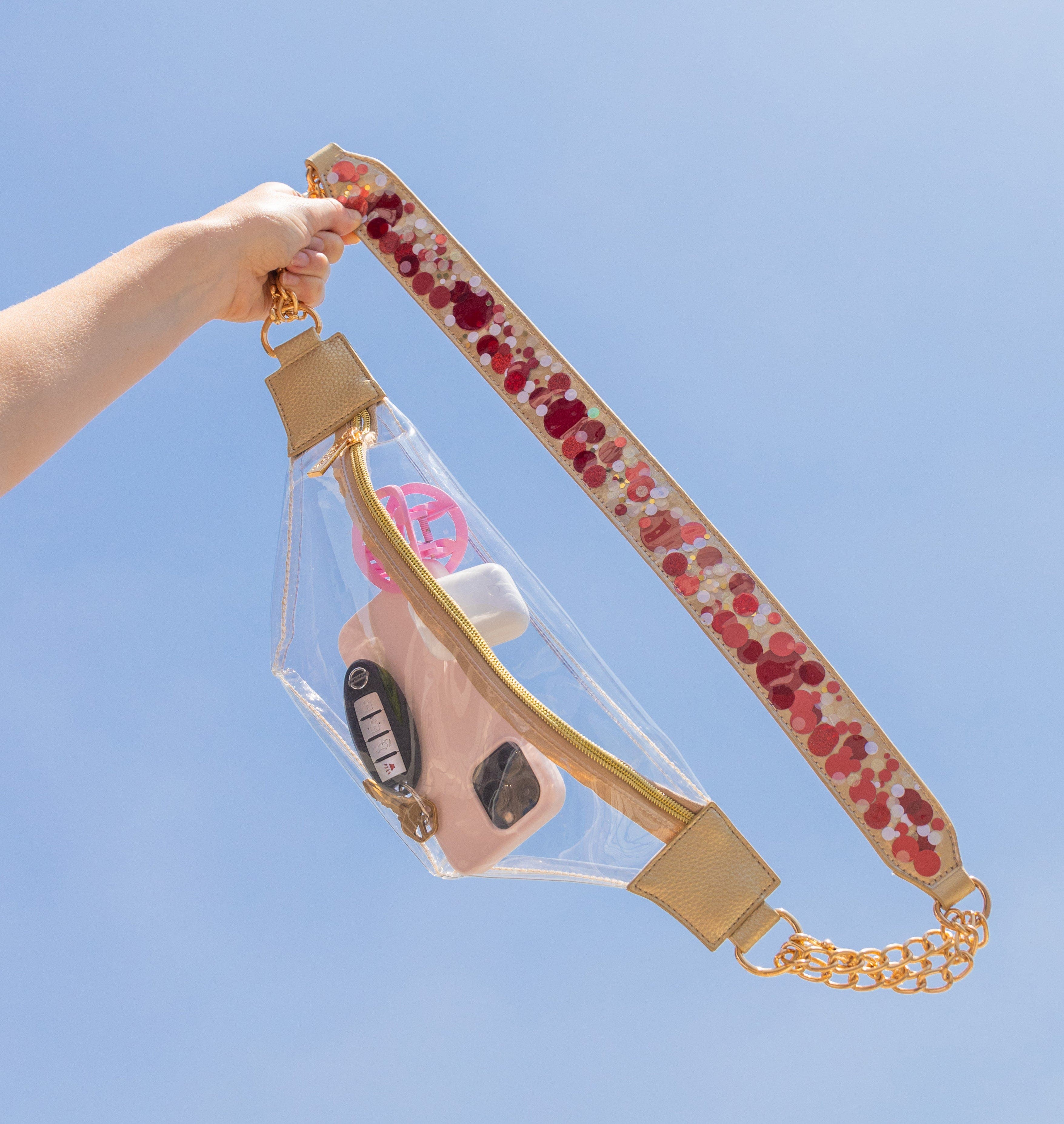 Pink Party Confetti Adjustable Belt Bag Strap - 48-Inch Gold Chain with Pink Confetti Vegan Leather for Cooper and Stadium Clear Bags, Alternate, color, Pink