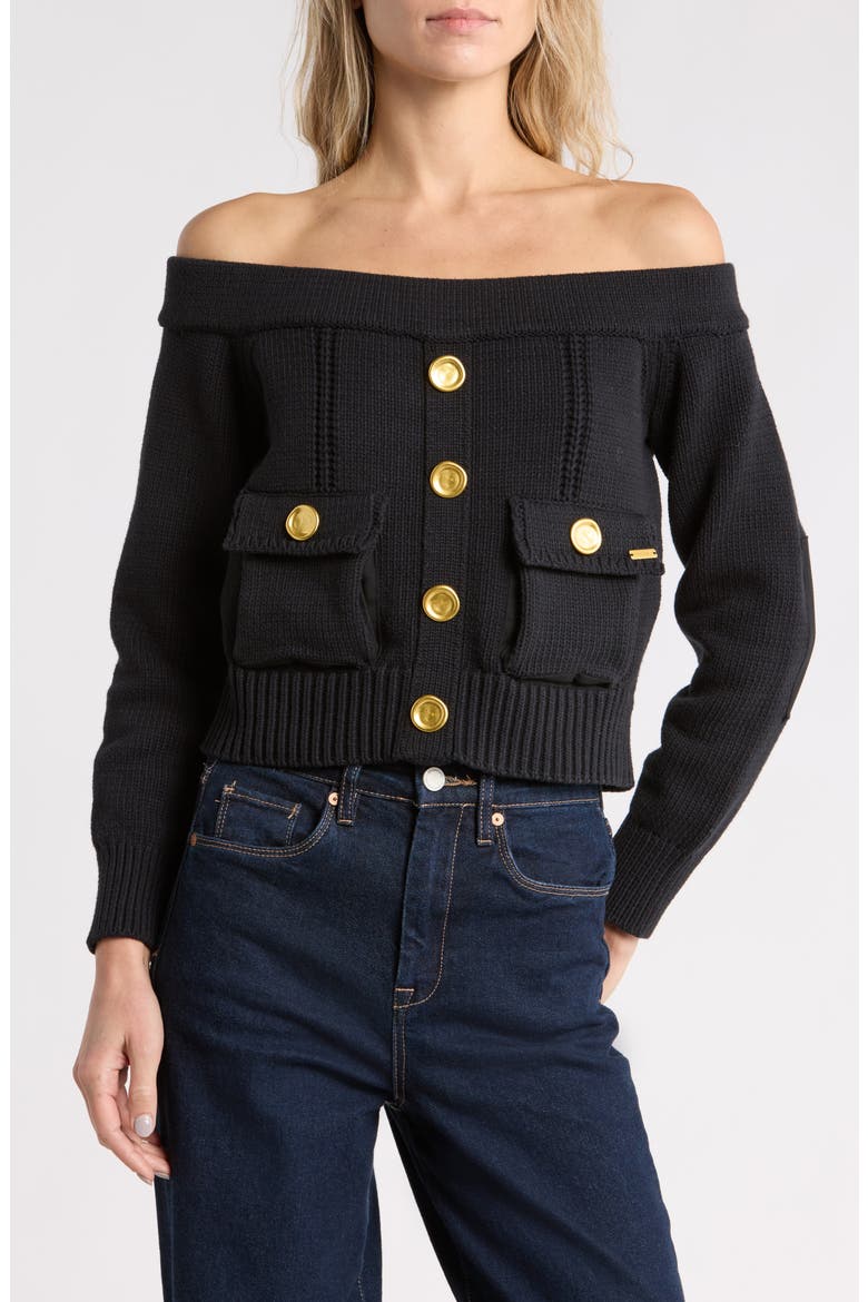 Teri Off the Shoulder Cargo Sweater, Main, color, BLACK/ GOLD