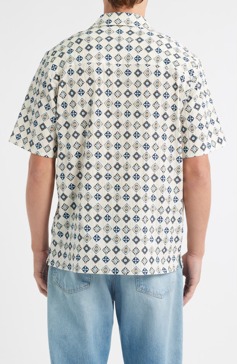 Wax London Didcot Geo Tile Print Stretch Seersucker Camp Shirt, Alternate, color, Ecru / Multi