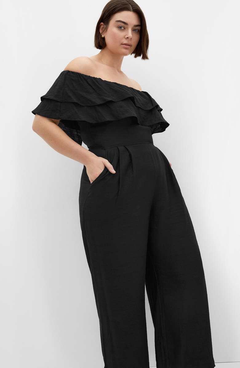 City Chic Poppy Ruffle Off the Shoulder Jumpsuit, Alternate, color, Black