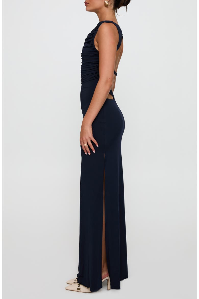 Undeniable Ruched Back Cutout Sheath Gown, Alternate, color, NAVY