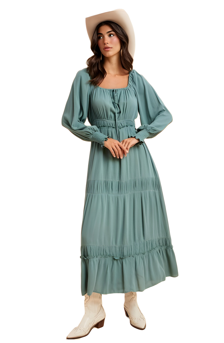 Knit and Lounge Long-Sleeve Smocked Maxi Dress with Tiered Skirt, Alternate, color, 