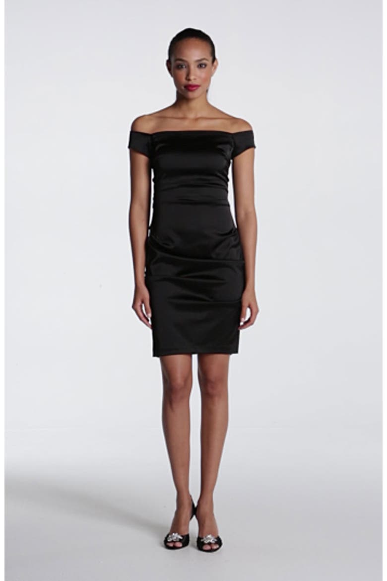 Off Shoulder Stretch Satin Sheath Dress, Alternate, color, BLACK