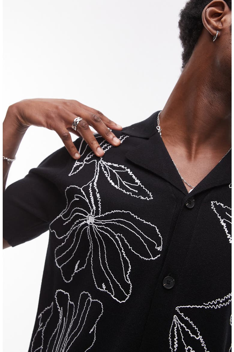 Floral Embroidered Knit Camp Shirt, Alternate, color, BLACK