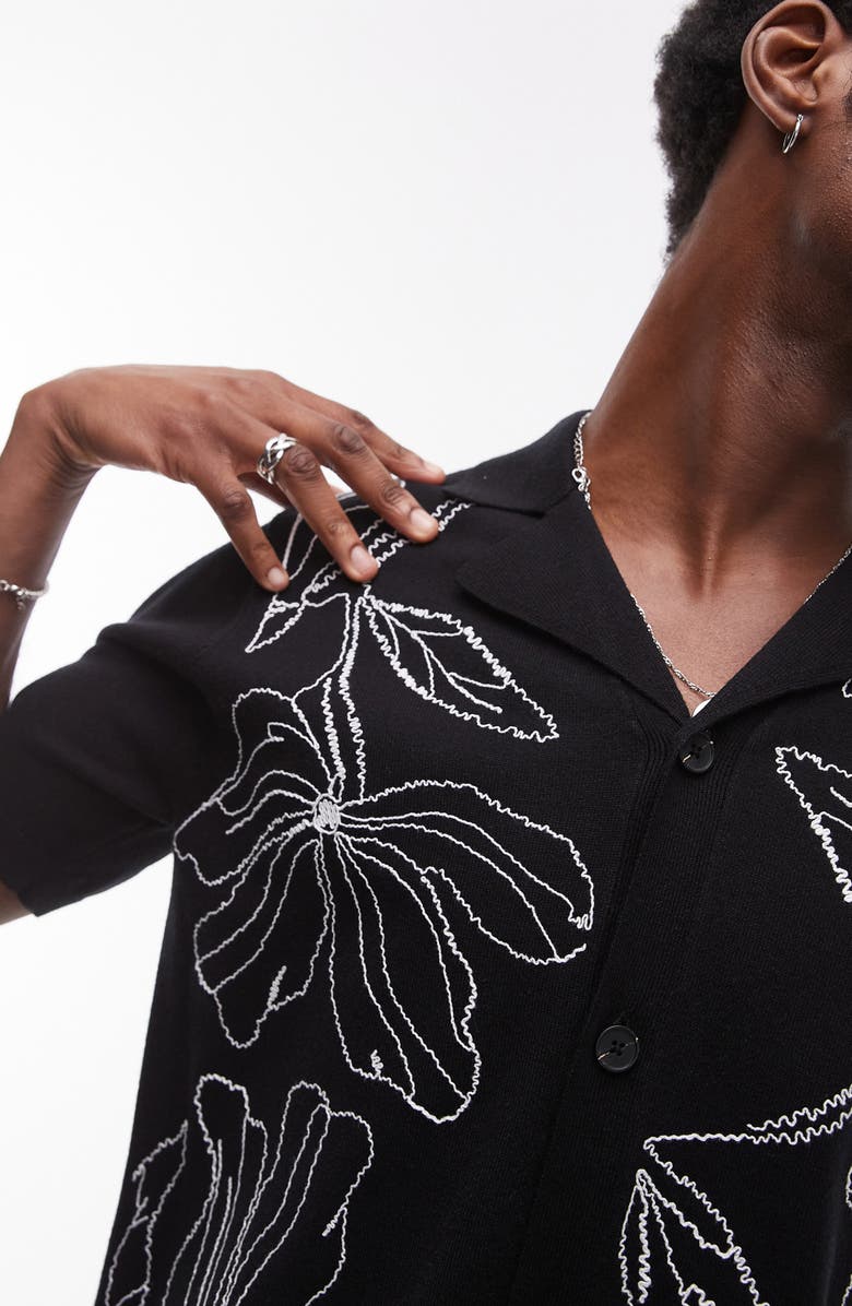 Topman Floral Embroidered Knit Camp Shirt, Alternate, color, Black
