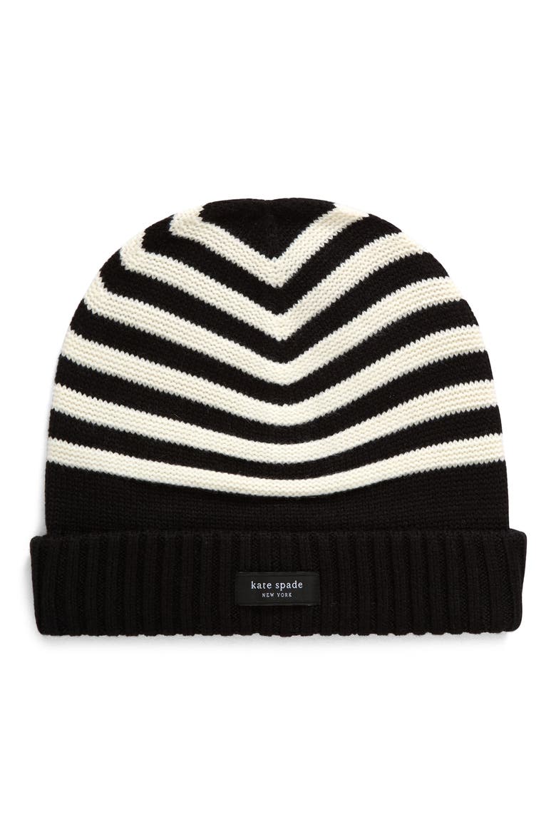 modern garter stripe knit beanie, Main, color, BLACK