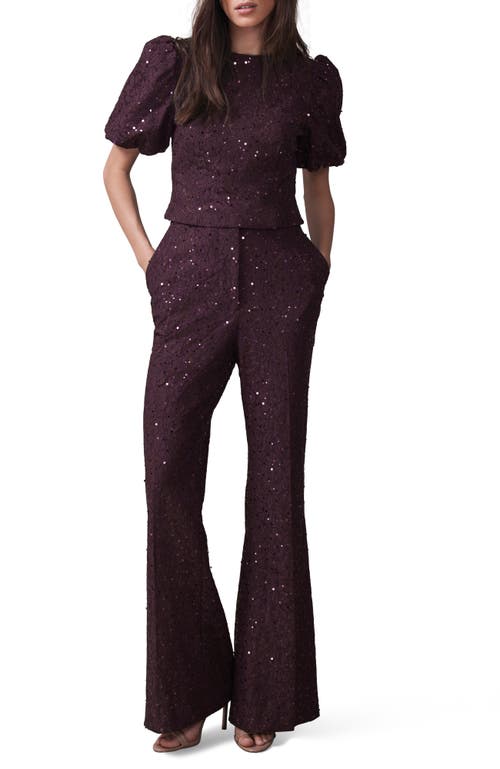 Mint Velvet Sequin Lace Puff Sleeve Top In Burgundy