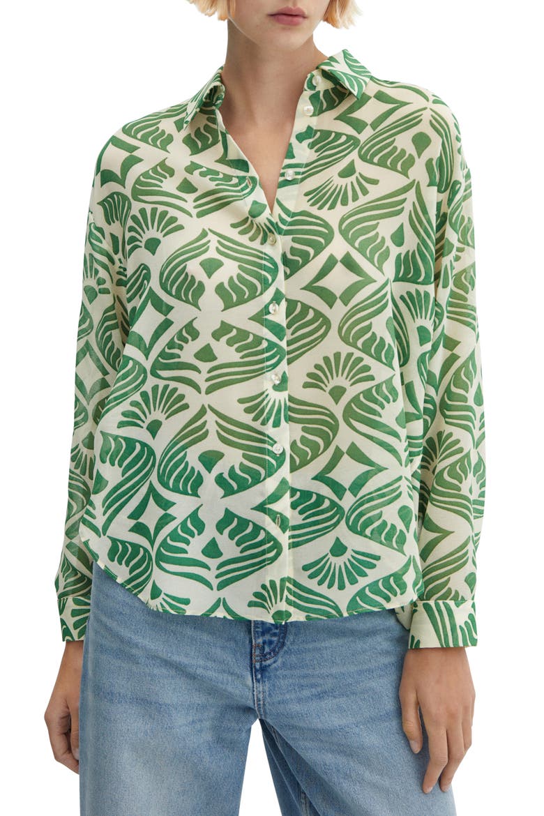 Print Cotton Button-Up Shirt, Main, color, GREEN