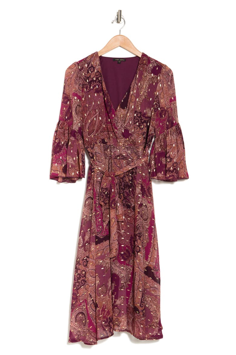 Paisley Bell Sleeve Faux Wrap Midi Dress, Alternate, color, RED