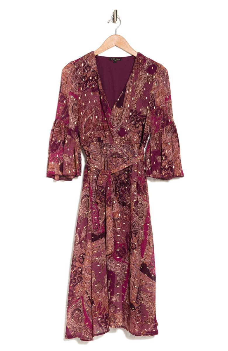 TASH AND SOPHIE Paisley Bell Sleeve Faux Wrap Midi Dress, Alternate, color,