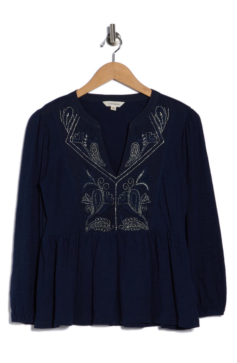 Lucky Brand Split Neck Peplum Top, Alternate, color, Black Iris