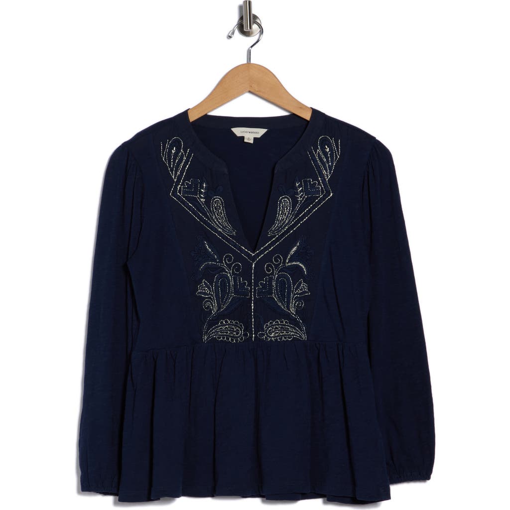 Lucky Brand Split Neck Peplum Top In Blue