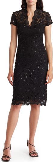 chinese dress ladies Lace Cap Sleeve Beaded Sheath Dress Missy / 12 / Slate