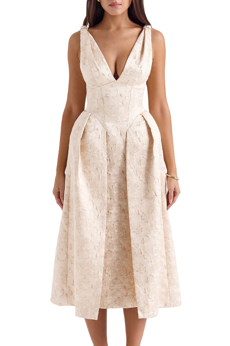 Paloma Plunge Neck Twist Strap Metallic Jacquard Midi Dress, Alternate, color, IVORY